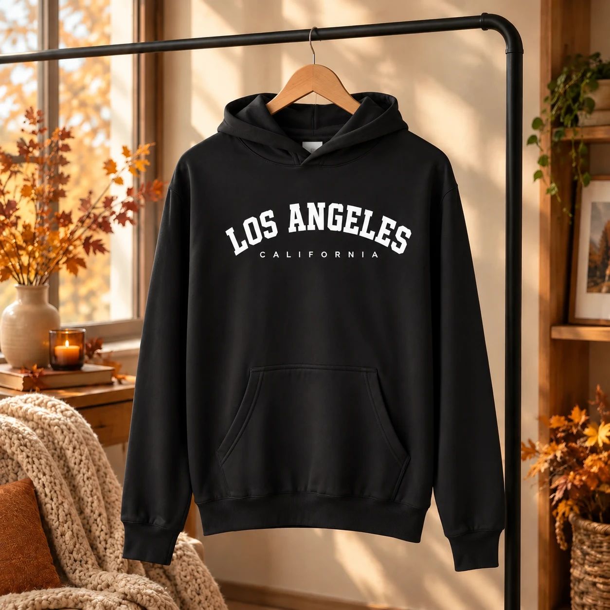 هودی کلاهدار و جیب دار مردانه زنانه مدل Los Angeles-مشکی