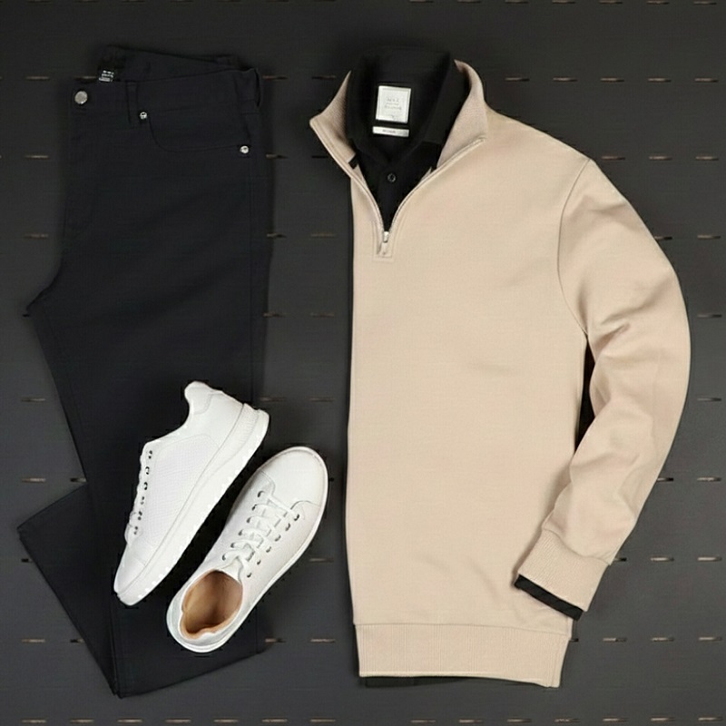 پکیج دورس مردانه نیم زیپ مدل Behbod-کرم  پیراهن مردانه مشکی VQویژه